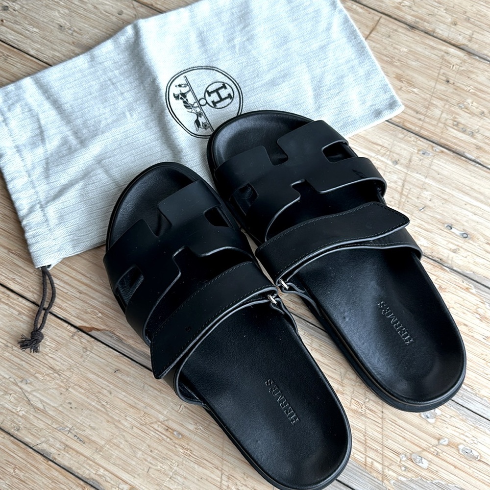 Hermes Womens Leather Sandals Chypre Noir Black Size 39.5
